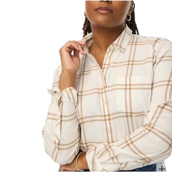 J Crew Womens Button Down Flannel Shirt Lightweight White Tan Size Small Plaid - Picture 1 of 6